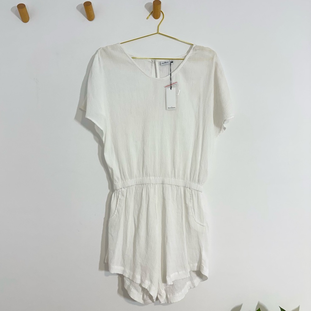 Hermoza White Cotton Gauze Short Sleeve Elastic Waist Romper Swim Coverup NWT M - Picture 3 of 11